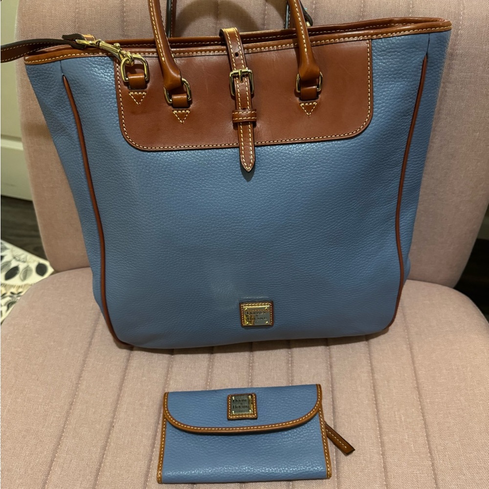Dooney & Bourke Blue and Brown Leather Tote Bag with Wallet